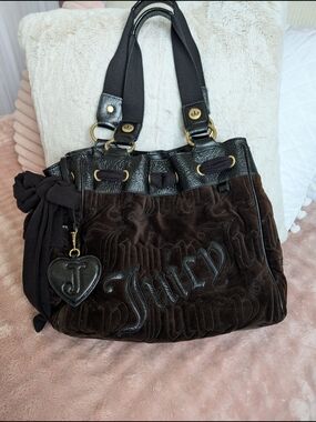 Juicy Couture Brown Suede Shoulder Bag with Black Trim and Heart Charm
